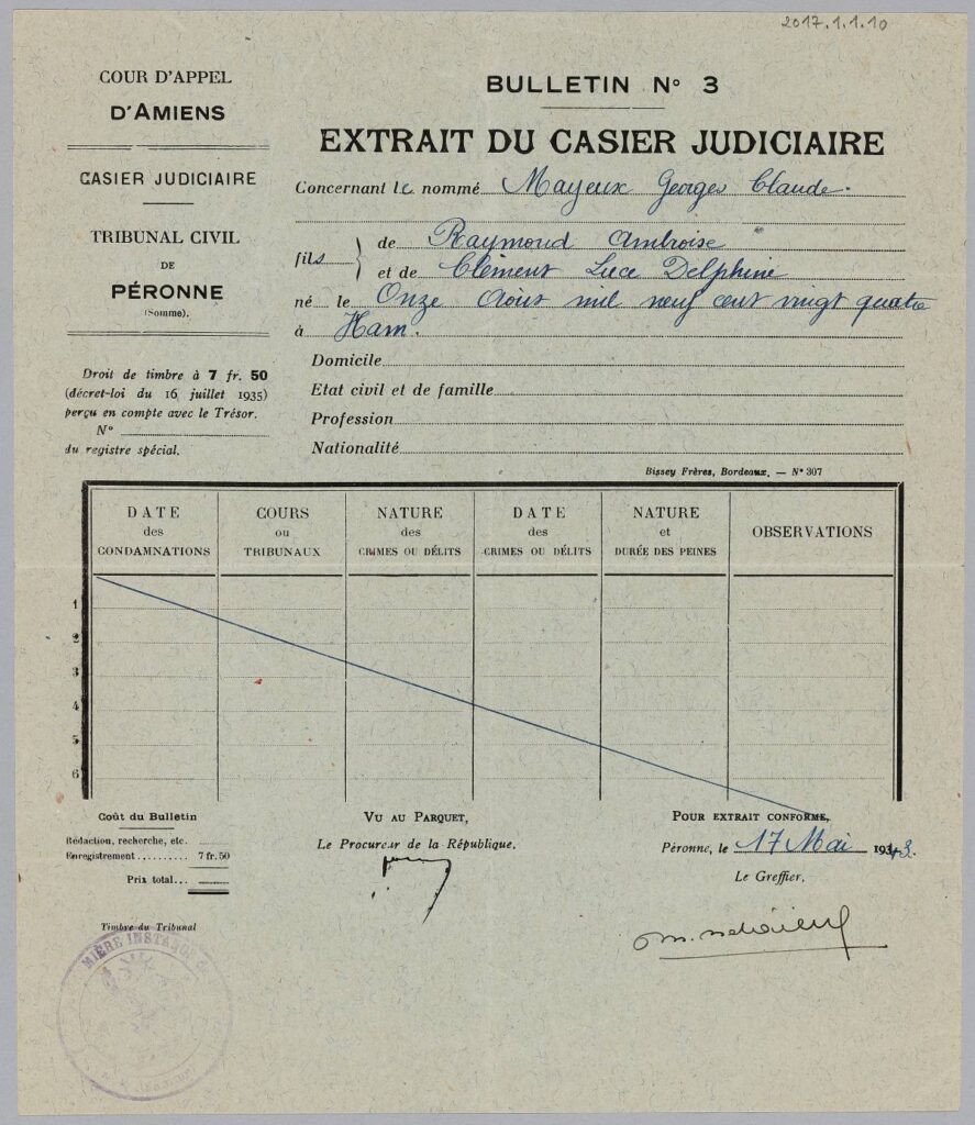 Extrait de casier judiciaire français officiel du Tribunal civil de Péronne, mentionnant l'absence de condamnations