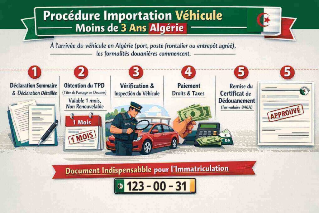 Infographie montrant les étapes de la procédure d’importation d’un véhicule de moins de 3 ans en Algérie, incluant déclaration en douane, TPD, contrôle, paiement des taxes et certificat de dédouanement.