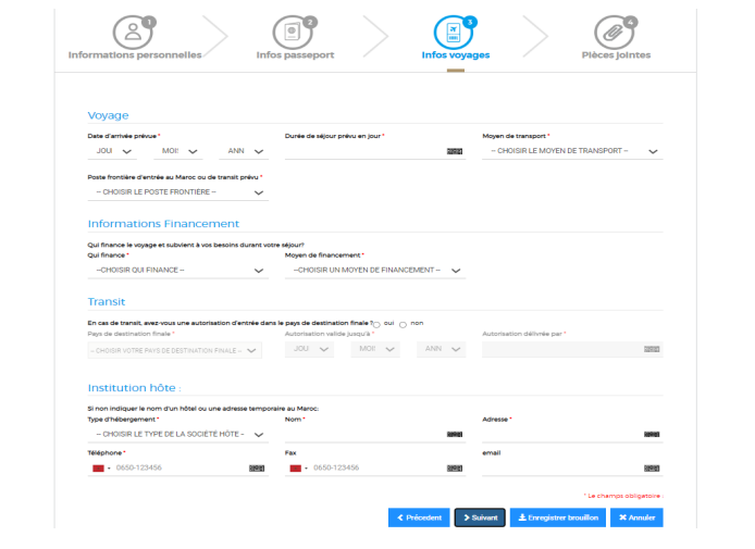 Formulaire en ligne sur acces-maroc.ma pour ajouter les informations de voyage nécessaires à la demande d’AEVM