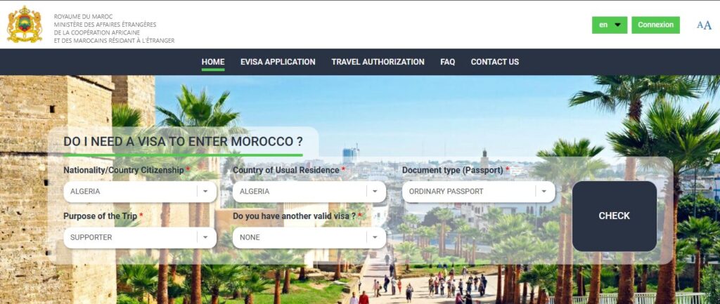 Page du site acces-maroc.ma affichant le formulaire d’éligibilité à l’AEVM avec les champs nationalité, type de passeport, pays de résidence et motif du voyage.