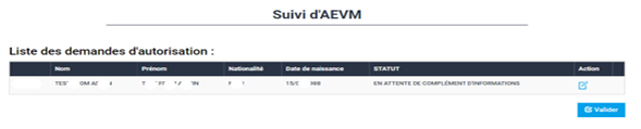 Page sur acces-maroc.ma permettant de suivre en ligne l’état d’avancement de sa demande d’AEVM.