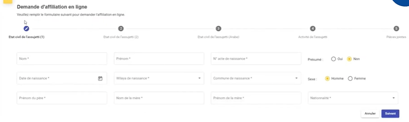 L’utilisateur renseigne ses informations d’état civil et clique sur « Suivant » pour continuer le processus.