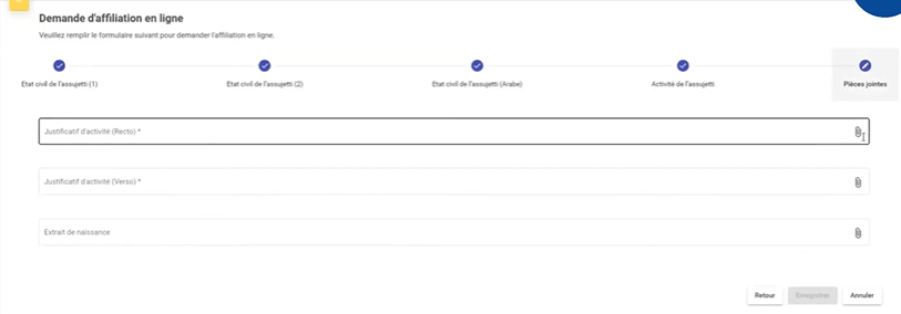 Téléchargement des pièces justificatives et validation de la demande en cliquant sur « Enregistrer ».