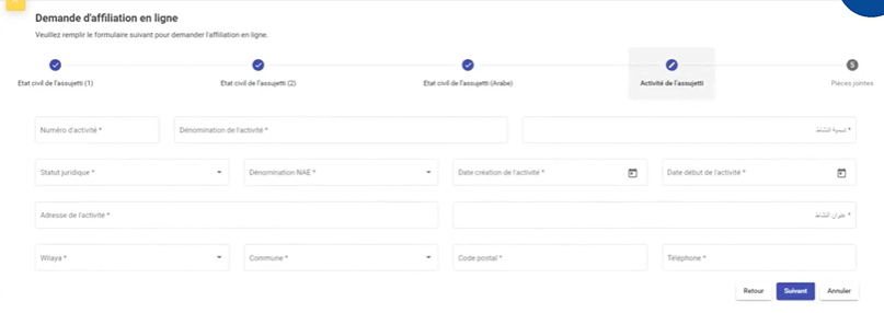 Saisie des informations de l’activité professionnelle, incluant numéro, libellé, justificatifs, statut juridique, dates et coordonnées, puis clic sur « Suivant ».