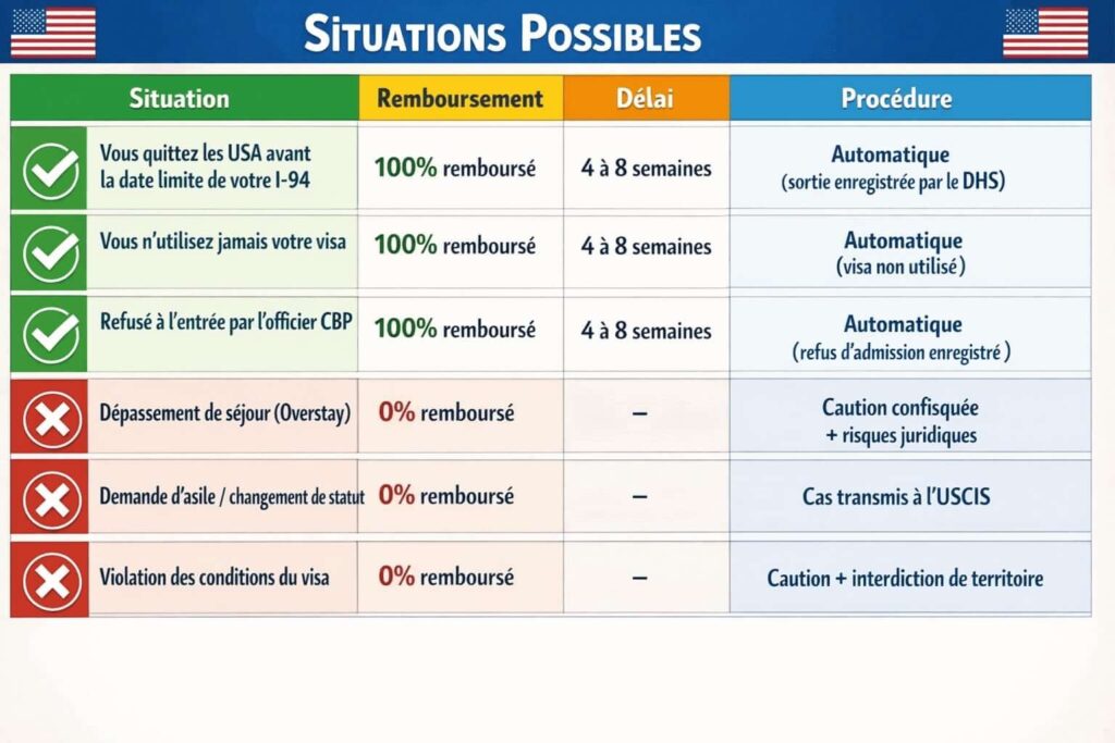 Tableau récapitulatif des différentes situations pouvant affecter le remboursement de la caution lors d'un voyage aux États-Unis, incluant : le départ avant la date limite du visa (remboursement accordé), l'overstay ou dépassement de la durée de séjour autorisée (caution perdue), les violations des conditions du visa...etc. ainsi que les délais de remboursement applicables et les procédures à suivre pour en faire la demande