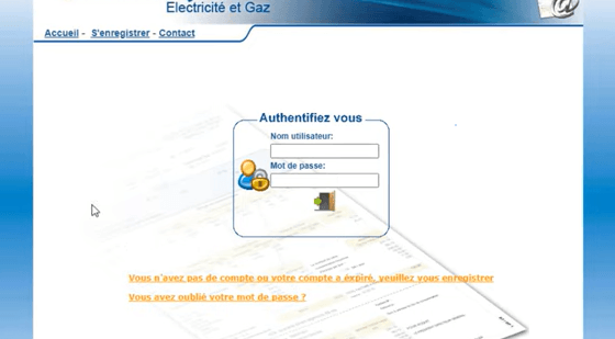 Capture d’écran de connexion à l’espace client Sonelgaz avec champ nom d’utilisateur et mot de passe.