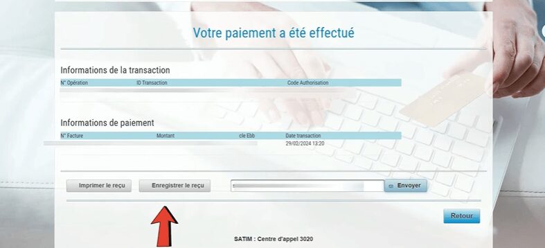Capture d’écran du message « Votre paiement a été effectué » avec téléchargement du reçu PDF.