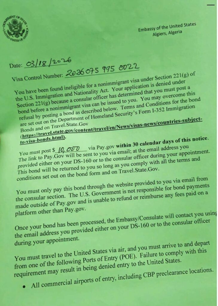 Public Charge Bond Notice (= Notification de caution pour charge publique) reçue de l'ambassade des États-Unis en Algérie, indiquant le montant de la caution à payer, les délais à respecter, ainsi que les ports d'entrée autorisés sur le territoire américain, etc