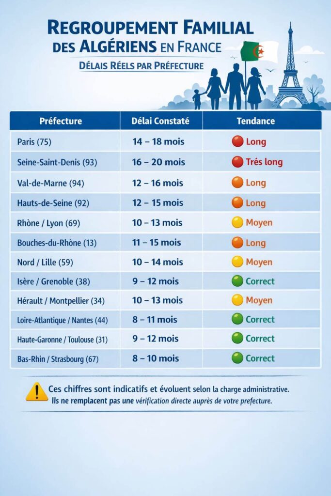 Comparatif des délais réels de traitement du regroupement familial par préfecture (Paris, Seine-Saint-Denis, Val-de-Marnen etc).