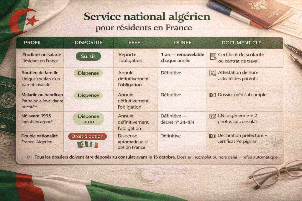 Guide service national algérien en France : sursis étudiant salarié, dispense 30 ans, régularisation insoumis démarches consulat